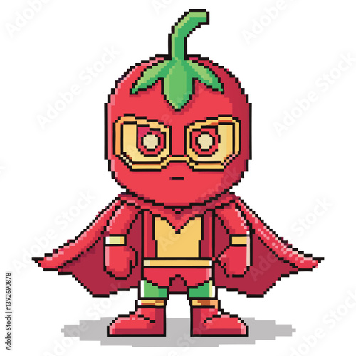 Pixel Art Tomato Superhero with Cape, Glasses, and Boots on Transparent Background
