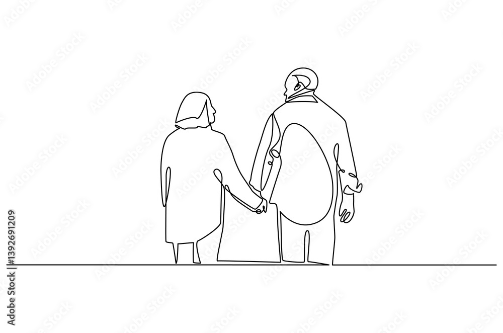 Continuous one line drawing of young Couple Walking Together. Single line drawing illustration of romantic back view couple holding hands. Romance concept vector art. Doodle line illustration. Continuous one line drawing of young Couple Walking Together. Single line drawing illustration of romantic back view couple holding hands. Romance concept vector art. Doodle line illustration.