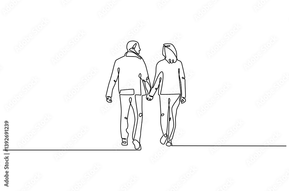 Continuous one line drawing of young Couple Walking Together. Single line drawing illustration of romantic back view couple holding hands. Romance concept vector art. Doodle line illustration. Continuous one line drawing of young Couple Walking Together. Single line drawing illustration of romantic back view couple holding hands. Romance concept vector art. Doodle line illustration.