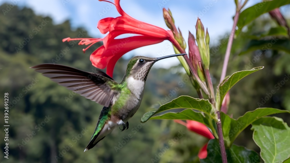 Obraz premium Hummingbird Hovering Near Red Trumpet Vine Flowers