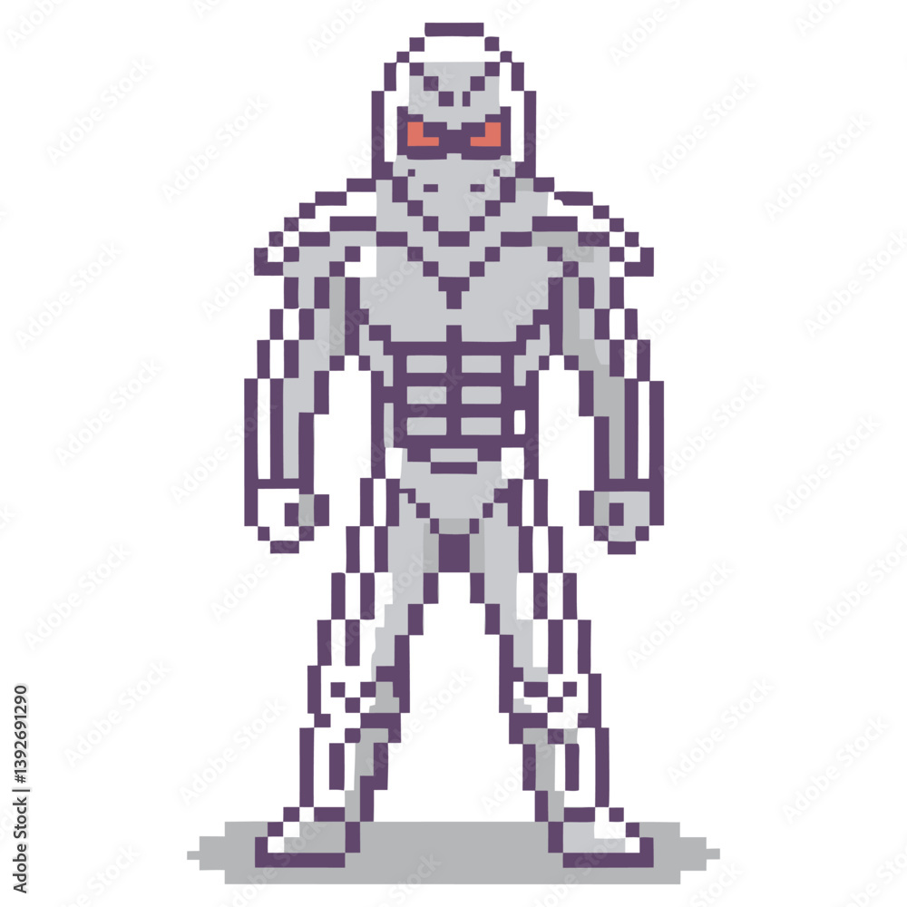 Obraz premium Pixelated Silver Robotic Character with Red Eyes, Isolated on White Background