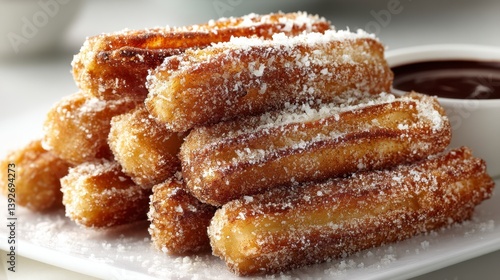 Golden brown churros dusted with sugar, served with chocolate sauce. Sweet treat, delicious dessert.