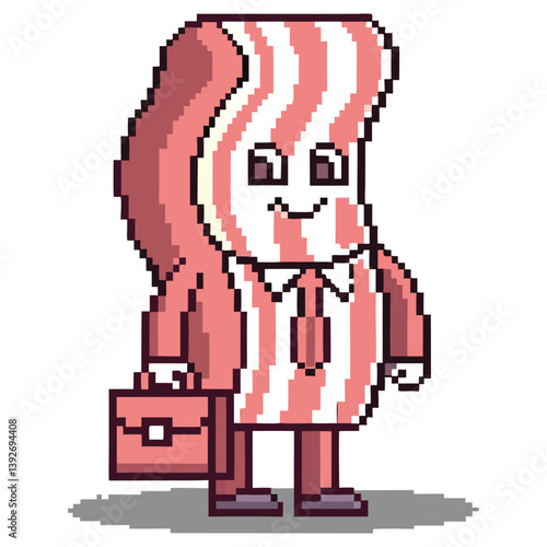 Bacon Strip Pixel Art Businessman Suitcase Pixelated Mascot Isolated Cartoon Character
