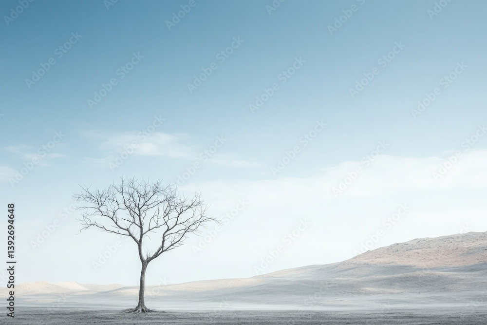 solitary barren tree stands in dusty gray landscape under polluted sky emphasizing environmental degradation solitary barren tree stands in dusty gray landscape under polluted sky emphasizing environmental degradation