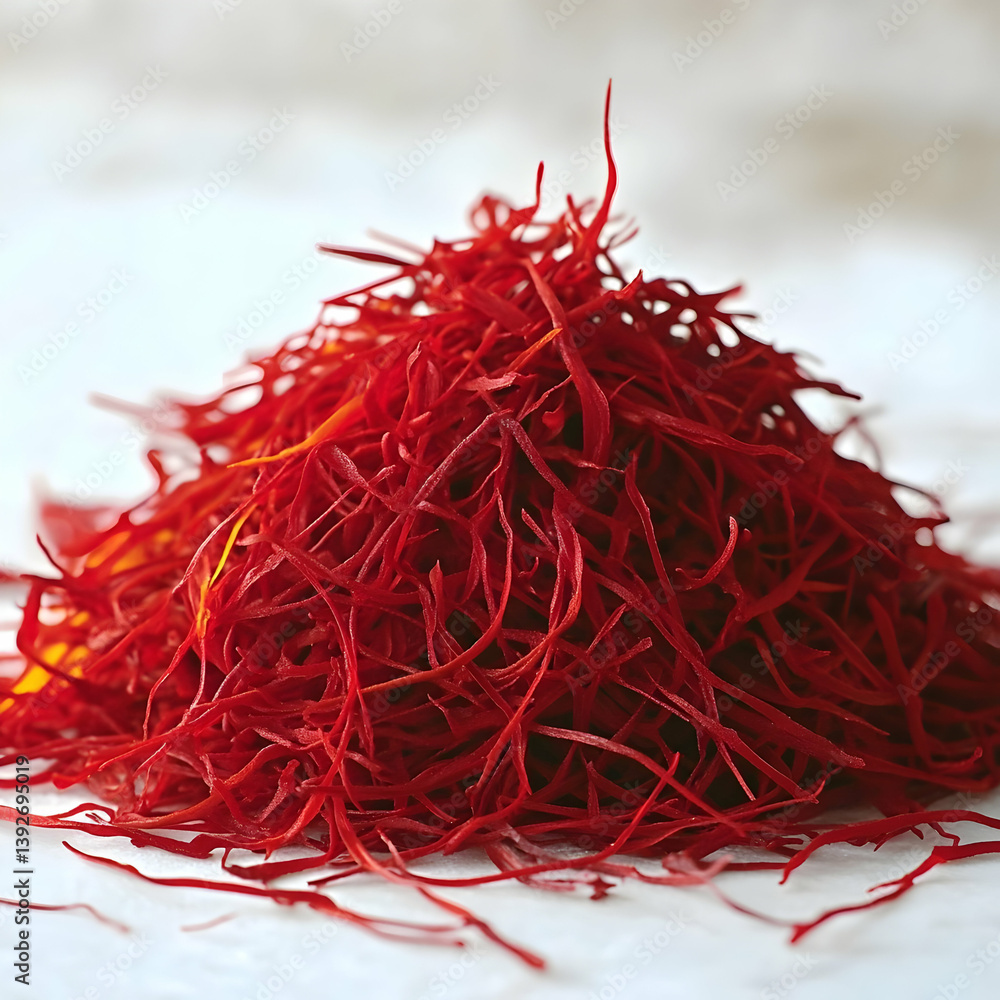 Naklejka premium Saffron threads pile, close-up, food photography, cooking