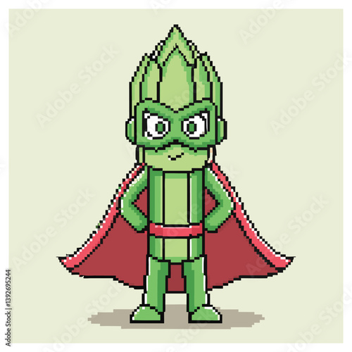 Pixel Art Asparagus Superhero with Red Cape in Retro 8Bit Style Isolated