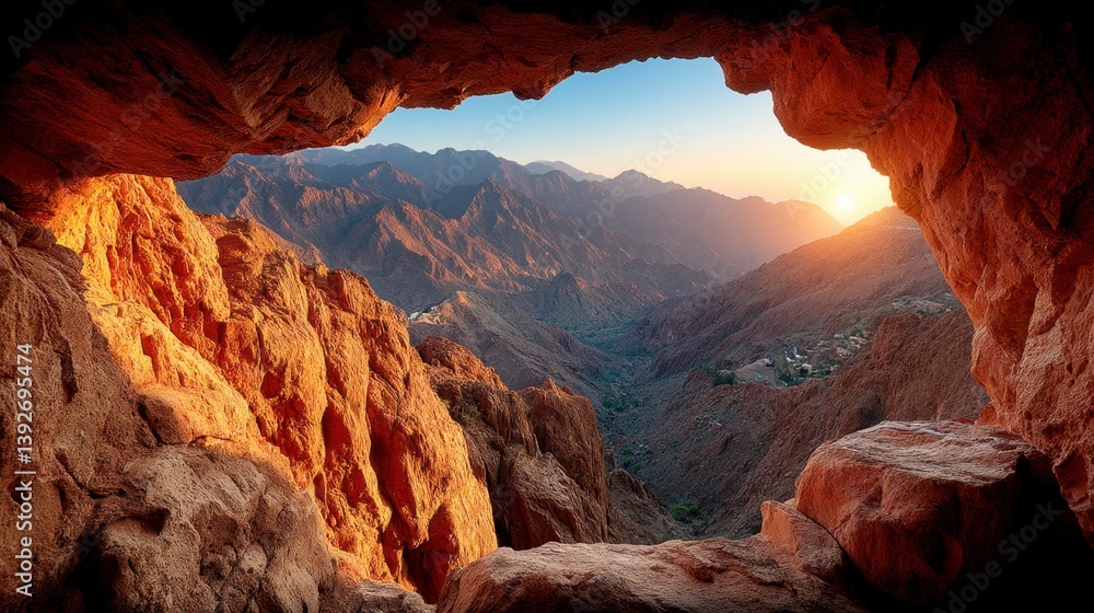 Sunset view through a cave opening, showcasing a mountainous landscape bathed in warm golden light.