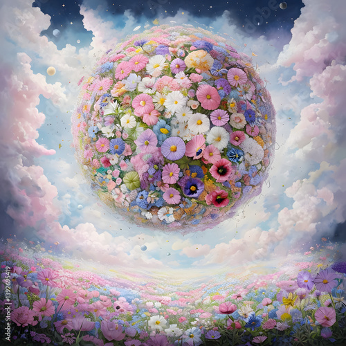 planet earth in space, Surreal Floral Sphere Surrounded By Pastel Sky And Meadow