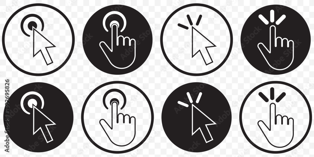 Set of Black cursor icons click, featuring various mouse click cursor designs. Cursor icon vector illustration on Transparent Background. EPS 10. Set of Black cursor icons click, featuring various mouse click cursor designs. Cursor icon vector illustration on Transparent Background. EPS 10.