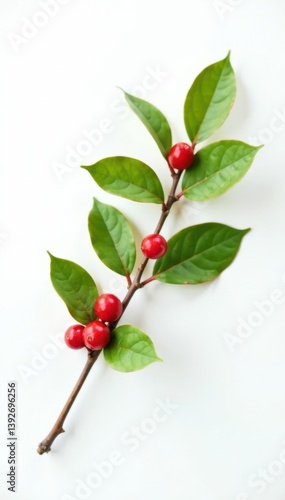 Single branch with leaves and berries on white, tree branch, natural, branchy