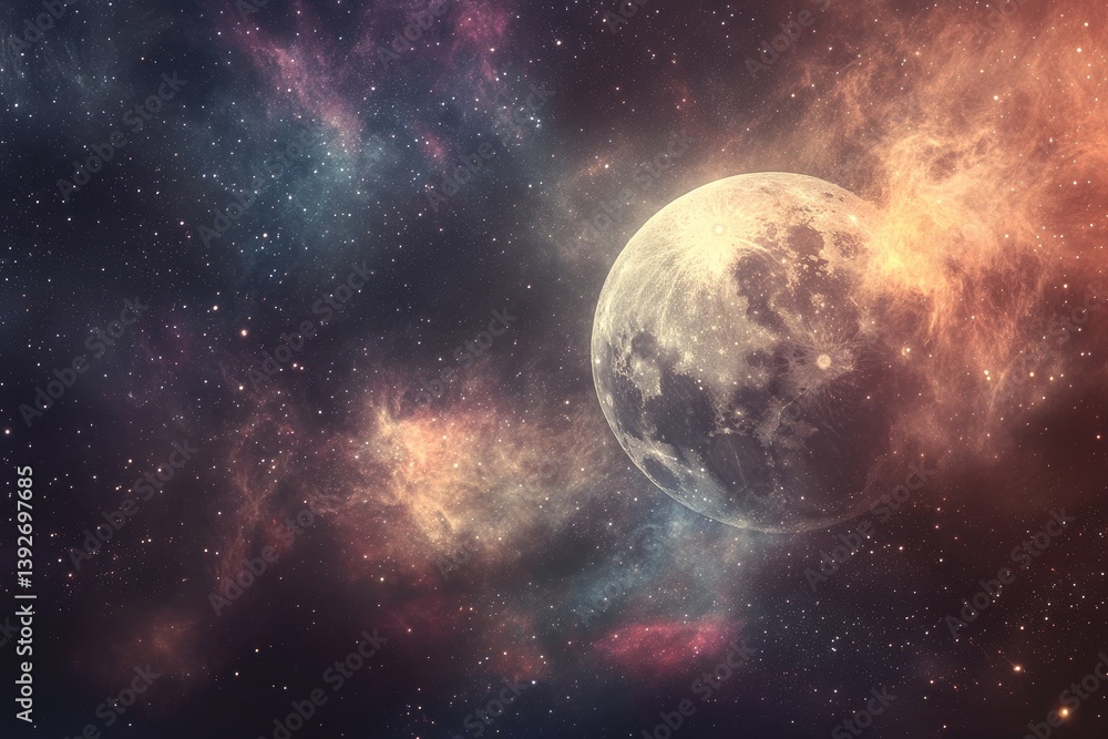 Obraz premium Cosmic moon bathed in nebulae