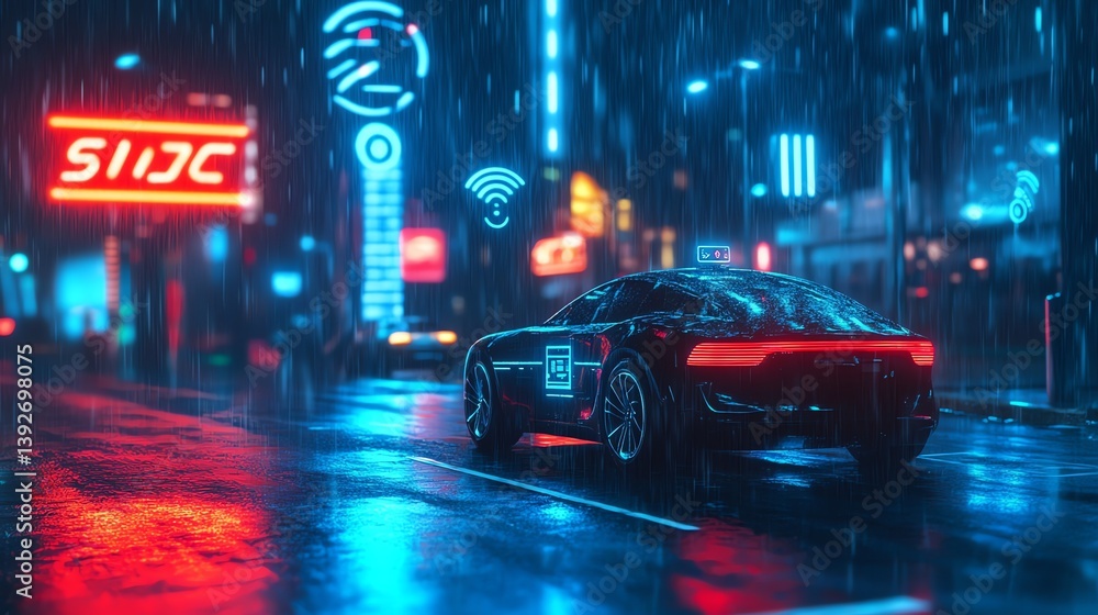 Futuristic Car Driving Through a Rainy City at Night with Neon Lights