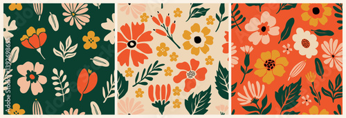 Set of seamless patterns with abstract flowers. Floral retro style groovy design for printing and decoration. Repeatable flowers botanical backdrop. Colorful vector illustration.