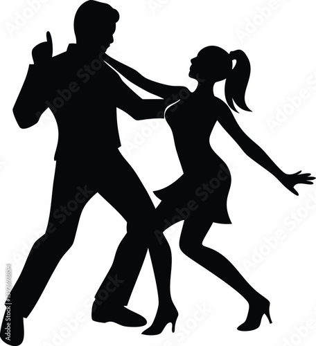 Black silhouette of a modern couple dancing in harmony. A stylish vector illustration perfect for romantic themes, dance events, or wedding decor.
