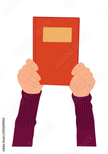 Hands holding, giving, sharing paper book. Taking, recommending fiction, study literature for reading, school textbook. Book mockup. Vector colorful illustration isolated on white background
