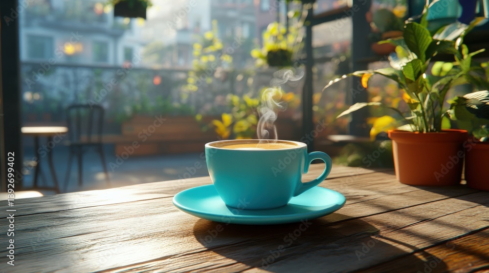 Serene Morning Scene with a Blue Coffee Cup on a Wooden Table Surrounded by Lush Green Plants and a Cozy Outdoor Patio Atmosphere Serene Morning Scene with a Blue Coffee Cup on a Wooden Table Surrounded by Lush Green Plants and a Cozy Outdoor Patio Atmosphere