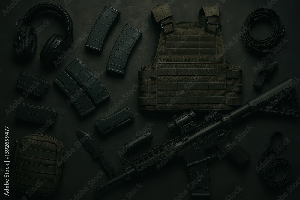 Tactical Gear and Equipment on Dark Background for Military Use