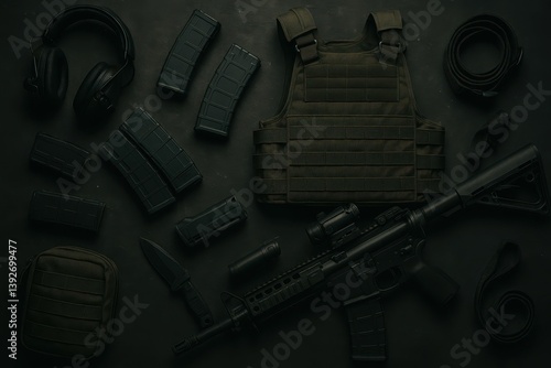 Obraz na płótnie Tactical Gear and Equipment on Dark Background for Military Use w salonie