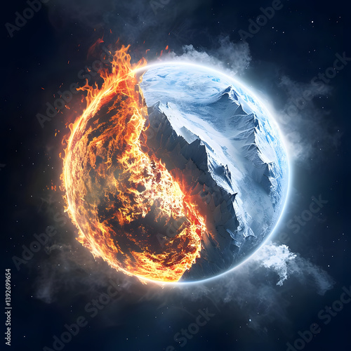 planet earth in fire, Surreal Planet Split Between Fiery Flames And Ice