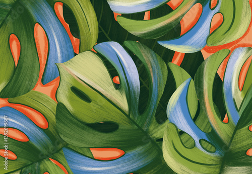 Bild auf Leinwand Folha, costela de adão, tropical, vibrante, ilustração, fundo, papel de parede,