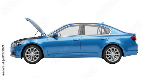 Isolated Blue Car with Hood Open for Automotive Repair and Maintenance