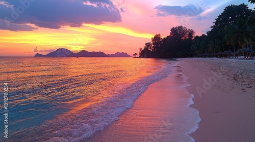 Spectacular coastal vista showcasing vibrant sunrise colors over a tranquil beach