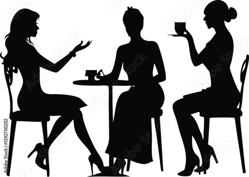 Silhouetted café scene of two or more stylish women having tea or coffee and sharing stories. A great graphic for friendship, weekend vibes, or feminine branding.