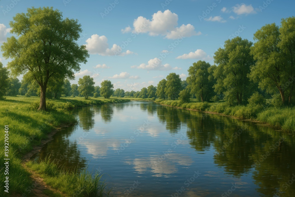 Obraz premium Serene Riverside Scene with Lush Green Trees and Calm Water Reflection