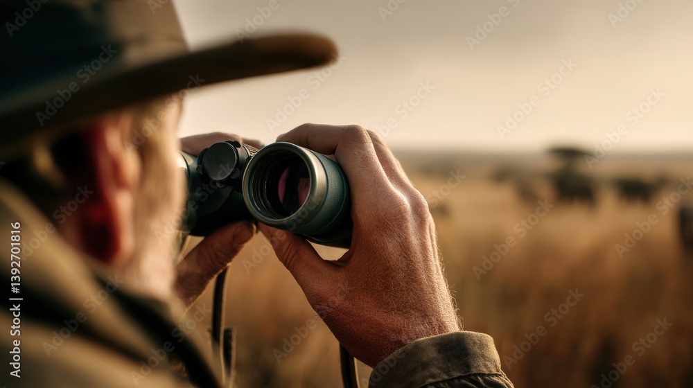 Obraz premium A man wearing a hat and holding binoculars is looking at a field of animals