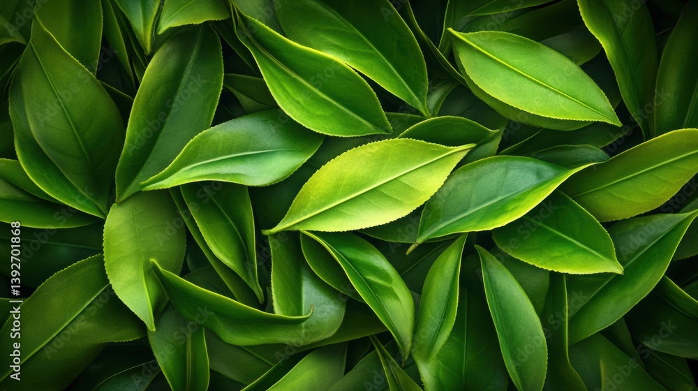 Obraz premium Fresh green tea leaf closeup view.