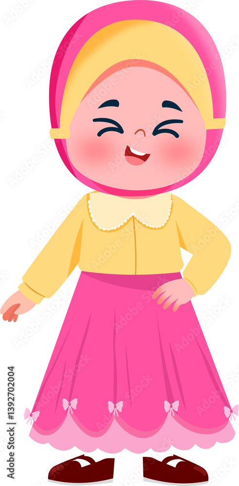 Joyful Girl in Pink and Yellow Hijab, Playful Pose Joyful Girl in Pink and Yellow Hijab, Playful Pose