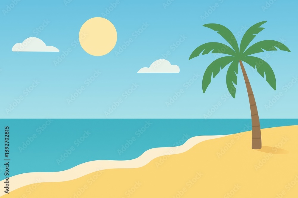 Obraz premium Serene Summer Beach Scene with Palm Tree and Calm Ocean Vibes