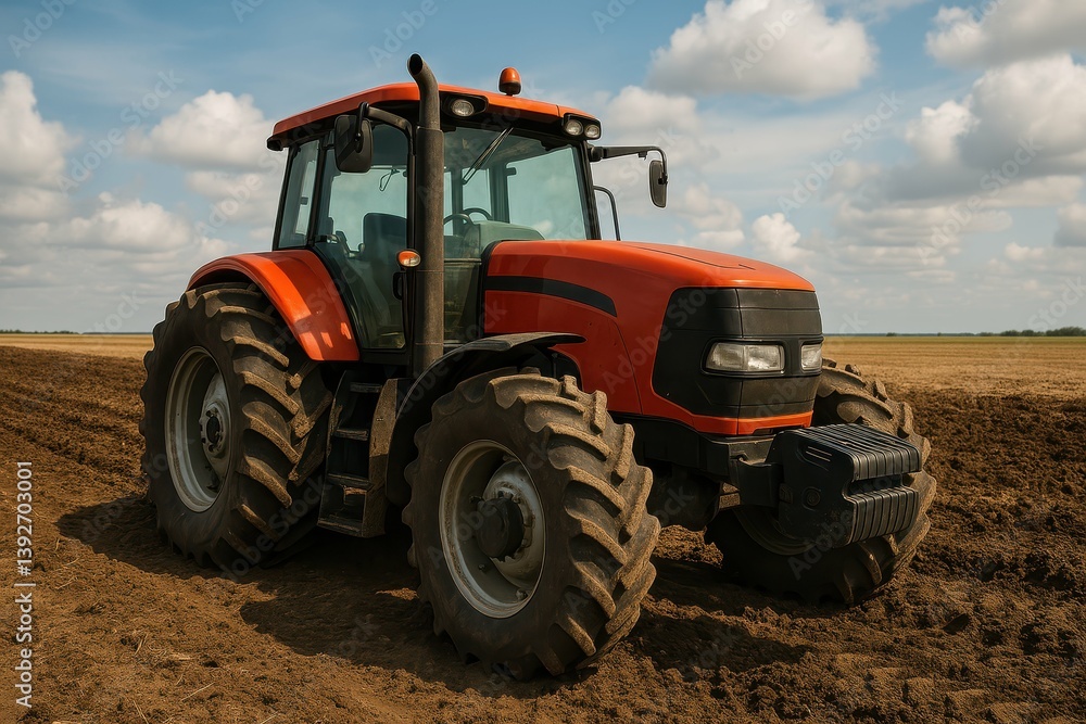 Bright Orange Tractor on Agricultural Field Under Blue Sky Bright Orange Tractor on Agricultural Field Under Blue Sky