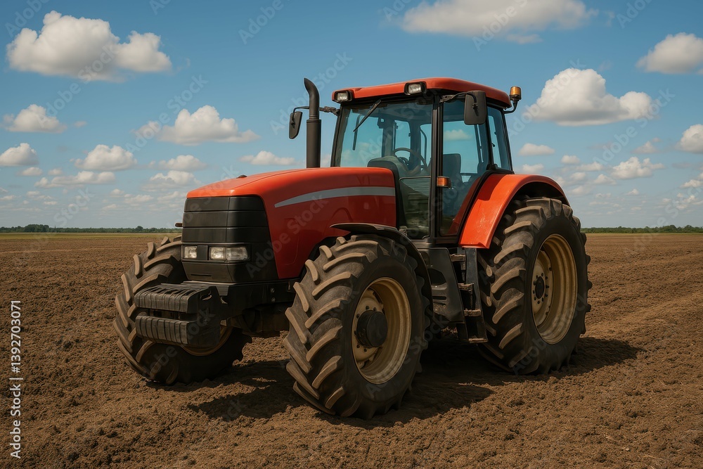 Obraz premium Bright Orange Tractor on Farm Field Under Blue Sky and Clouds