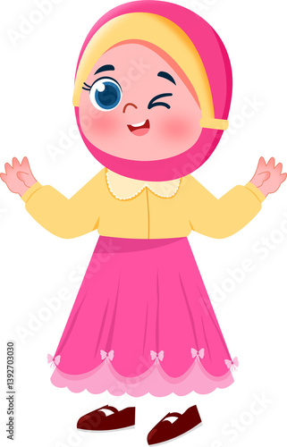 Playful Winking Girl in Pink Hijab and Dress