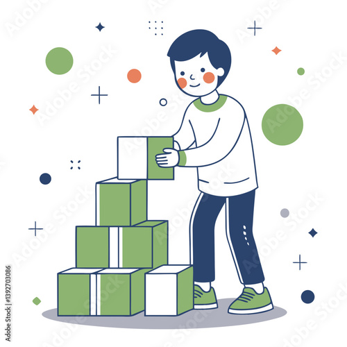 Boy stacking blocks playfully in a bright environment with colorful shapes. Concept of development and training