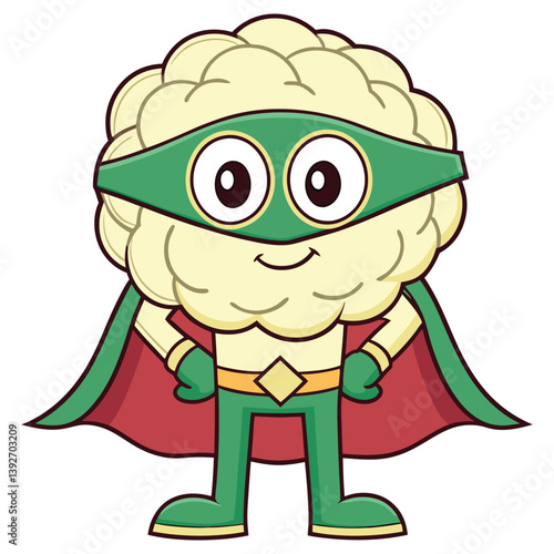 Smiling Cartoon Cauliflower Superhero With Cape and Mask on White Background