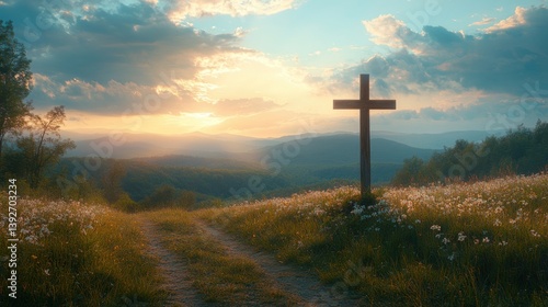 A cross under a cloudy sky: A wooden cross stands prominently atop a grassy hill overlooking a serene, rolling landscape. A dirt path leads toward the symbol of faith.