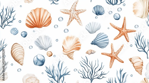 Watercolor seamless pattern with seashells, starfish and seaweed design