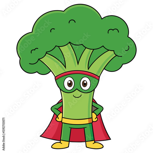Cartoon Superhero Broccoli Character in Red Cape Isolated on White Background Design