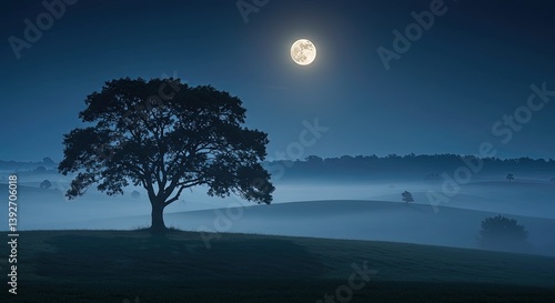Tree silhouette against a moonlit sky with a foggy landscape view