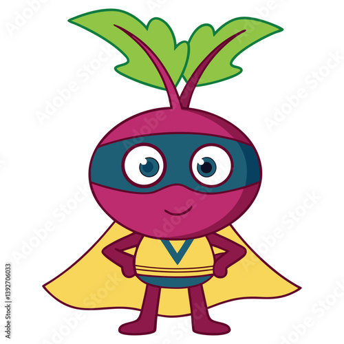 Cheerful Cartoon Beetroot Superhero Character with Mask and Cape on white background