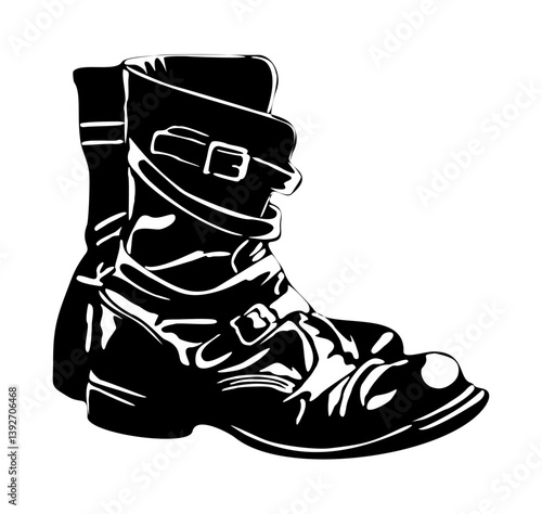 Pair of  vintage leather boots. Black ink monochrome graphic. Hiking or army stylish trendy footwear. Hand drawn engraved style vector illustration isolated on white background.