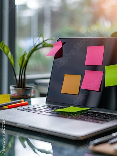 Laptop Sticky Notes Office Workspace.