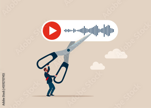 Tiny businessman uses scissors to cut voice message. Ringtone cutout. Flat vector illustration