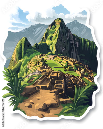 A playful and whimsical PNG sticker of simplified ancient Machu Picchu stone terraces with a mountain landscape, designed in earthy greens and grays, flat colors, clean outlines, bold lines,