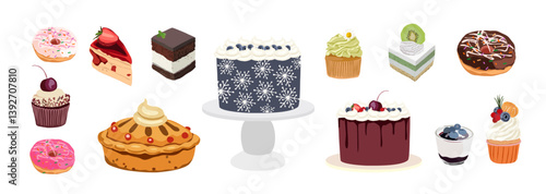 Collection of sweet desserts. Cakes, cupcakes, donuts, piece of cakes, pie decorated with fruits, berries, chocolate, whipped cream. Delicious food for Christmas, birthday party. Vector illustration.