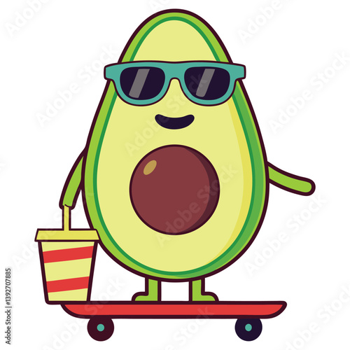 Cartoon Avocado on Skateboard with Soda, Sunglasses and Simple