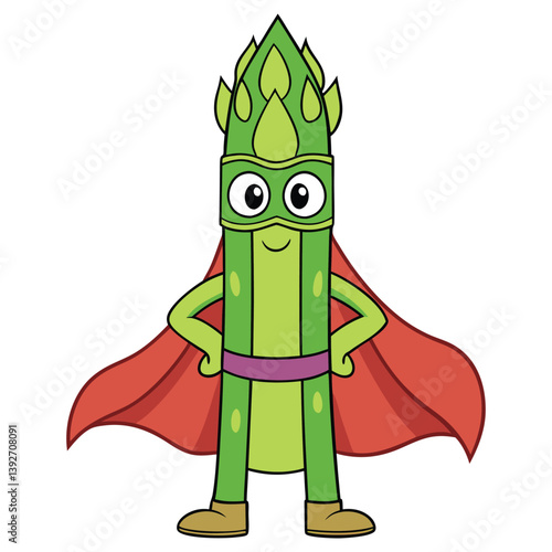 Cartoon Asparagus Superhero with Cape and Mask on White Background Design