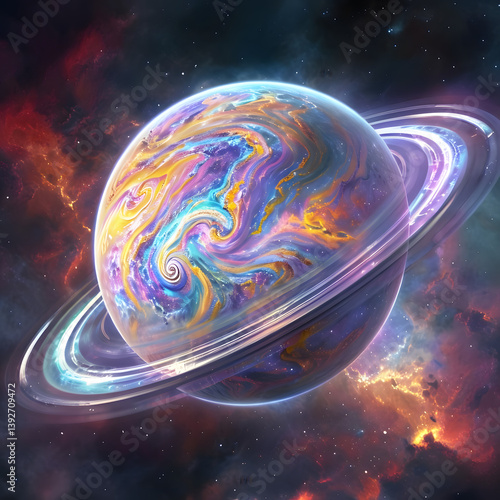 planet in space, Vivid Cosmic Scene Featuring A Central Planet And Luminous Rings